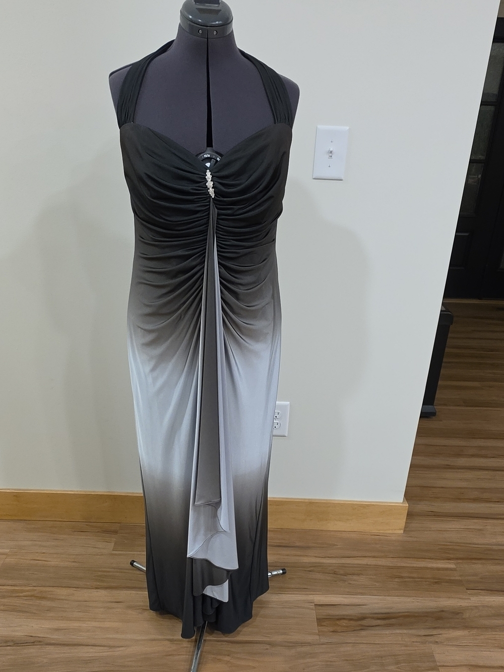 Onyx Nite Black to Gray Ombre Ruched Maxi Dress